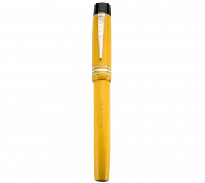 photograph of a fountain pen with a bright yellow body and black details