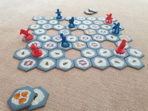 photo of the board for the game Hey! That's my fish, featuring some hexagonal tiles that have been captured during play