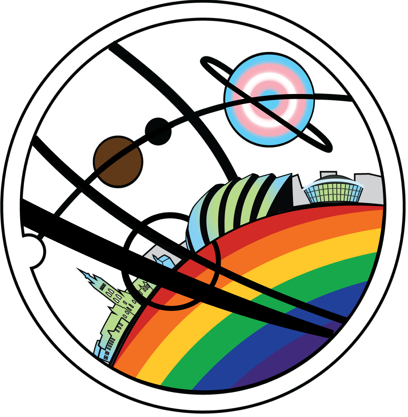 The Glasgow 2024 logo in pride colours featuring a view of Glasgow through the porthole of a spaceship