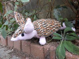 Angus the crochet armadillo sitting in his garden.