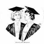 Picture shows a black and white image of two women, Margaret and Aurora the heroines Casparian's novel, of in academic cap and gown, one woman has black hair, the other blonde. They are looking at each other with affection. The image is framed in a heart shaped cut away.