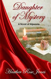 Image shows the cover of Heather Rose Jones's 'Daughter of Mystery - A Novel of Alpennia'. There is a flowing drape of red material the diagonally covers the left hand side of the book. On the right hand side in the background there is a small stack of books, a red candle burning low in an antique candle holder and a pink roles on top of some letters.