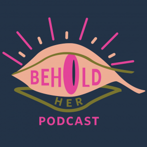 Logo of Behold Her, featuring a giant eye in pinks and gold on navy background