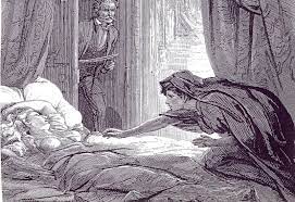 The image shows a black and white illustration from Le Fanu's Carmilla where a woman in shade, crawls across a bed to a woman asleep in a sunbeam. There is a man in the back of the image looking on in horror.