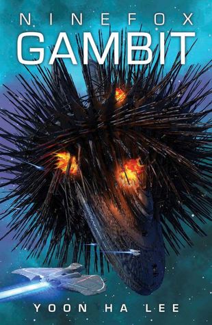A book cover featuring a star fortress on a blue background with a spaceship approaching it, and the title NINEFOX GAMBIT across the top in white