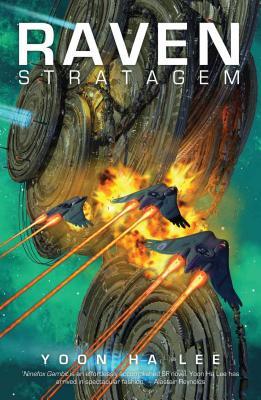 A book cover featuring a space station on a green background with three spaceships approaching it and firing at it, and the title RAVEN STRATAGEM in white across the top.
