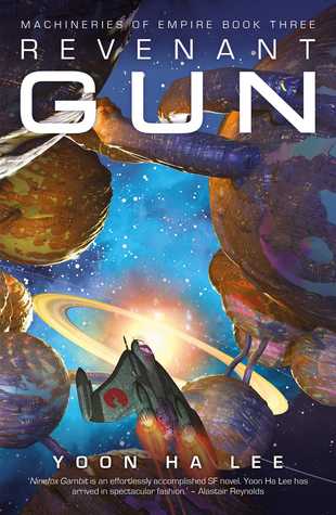 A book cover featuring an assortment of meteroids on a blue background and a spaceship in the foreground, and the title REVENANT GUN in white across the top.