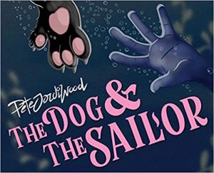 The image shows a book cover with the title The Dog & The Sailor in bubblegum pink writing. There is also an illustrated dog's paw and human hand reaching toward each other.