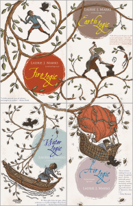 The image shows a collection of covers from Laurie J. Marks’ 'Elemental Logic' series. The covers align so that the branches of a tree spread out across all of them.: in each image there is a figure undertaking action. In clockwise order these are - top right 'Earth logic': the figure in this image is hammering on an anvil; bottom right 'Air Logic': the figure in this image is in a hot air balloon that has become tangled in the branches; bottom left 'Water logic': the figure in this image is in a boat looking up at the branches; top left 'Fire logic': the figure in this image running along a branch with daggers drawn. There is a crow pictured somewhere in each picture.