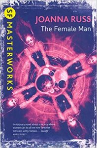 Image contains a cover version of The Female Man. The image is in purple and magenta tones, showing four identical replications of a woman, arms reaching forward as if spinning, hair out behind, in the centre there are a series of overlapping planets. 