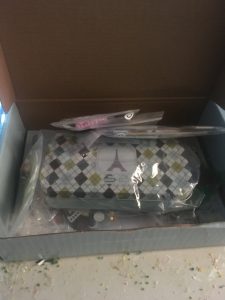 An open cardboard box showing the contents: A metal box in a clear plastic bag. The box lid has a white-green-blue-gray diagonal checkerboard pattern on it, with a stylised picture of the Eiffel Tower in the middle. Around the box are several more clear plastic bags with materials.