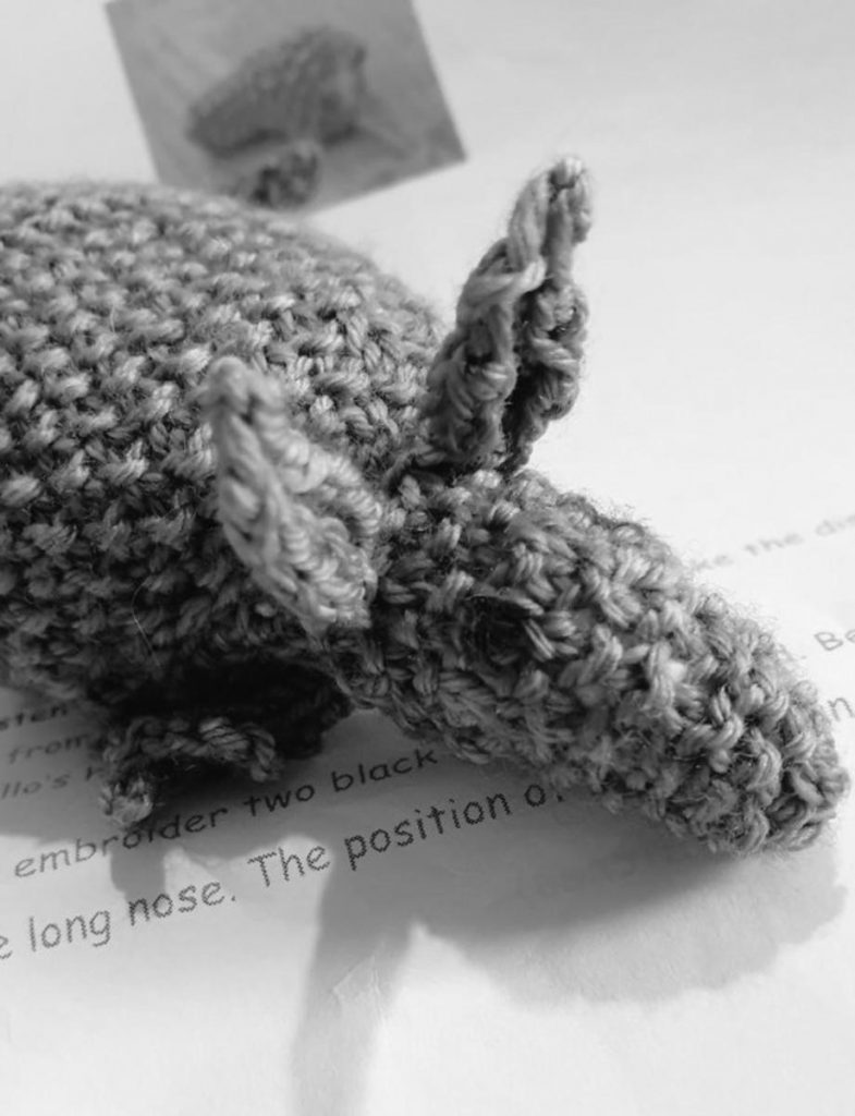 Greyscale image of the front half of a crocheted armadillo.