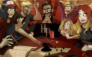 Cover image for High Rollers, featuring an adventuring group around a tabletop RPG setup