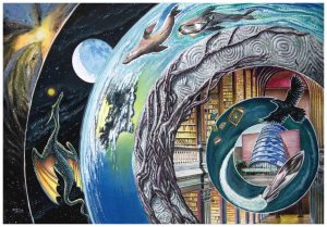 Wraparound cover for the Souvenir Book, showing concentric circles, moving out from the CCD to Dublin, Ireland, the Earth and the Universe.