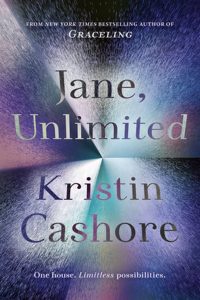 The image shows the cover of Kristin Cashore's novel 'Jane Unlimited' The cover is a meltalic prismic style set of reflections in purples, silves and turquise. The title is rendreed in silver grey in the top hald and the authors name in the same style in the bottom half.