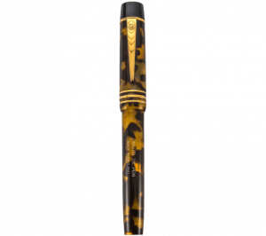 photograph of a fountain pen in a tortoiseshell case with gold details