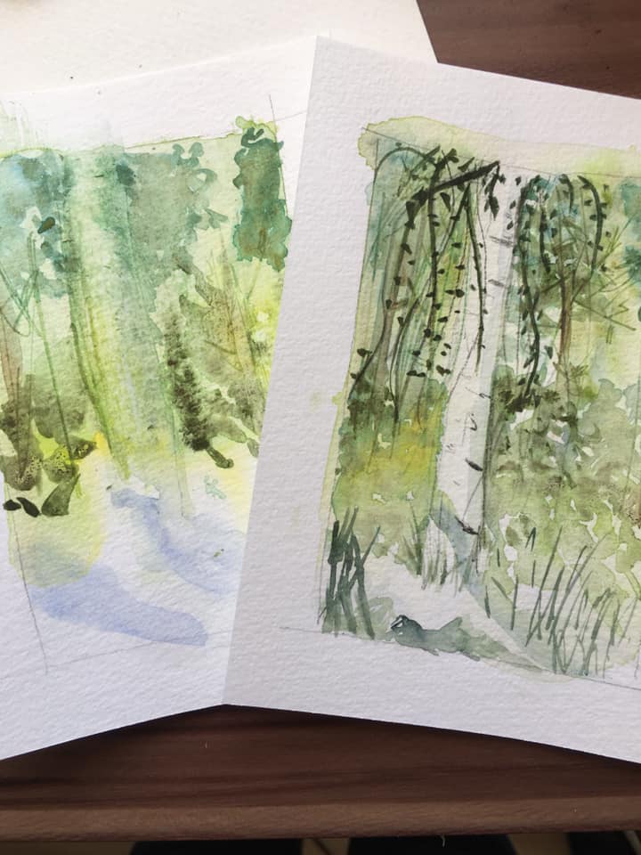 two watercolour paintings of forest scenes