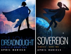 The image shows the covers of April Daniels' novels 'Dreadnought' and 'Sovereign'. Dreadnought is on the left and shows a feminine silhouetted in black standing on a black hillside. She is wearing a blue flowing cape that is blowing sideways to the left, and is looking towards a city skyline that is rendered in pastel pinks and greys. Above the city is a blue sky. The cover for 'Sovereign' is on the right. There is a similar silhouetted figure with a blue cape, however this time they are inspace, witht he light of the sun behind their head on the right, what looks to be the planet earth is on the left handside beanth their feet. they look like they have been blown side ways. In the back right of the image a small moon is visible.