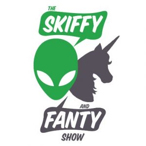 Skiffy and Fanty Show Logo comprising of a green alien and a grey unicorn