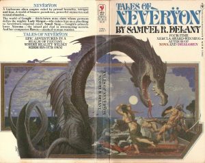 The image shows the original cover of Damuel R. Delay's novel 'Tales of Neveryon'. It is a double spread across the front and back of the book. On the back the body and tail of a dark grey Dragon takes up most of the page, its neck arches across the spine of the book and its head is the centre of the front cover. its maw is open and pointing down. Hanging over a group of fleeing sailors - all of whom are sparsley dressed.