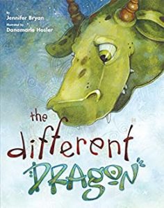 The image shows the cover of Jennifer Bryan's 'The Different Dragon. A friendly looking green dragons head dominates the right hand top cover of the cover. It has bronze horns and green eyes. The title 'The Different Dragon' is across the center of the cover at the bottom. The background is a blend of blues and green.