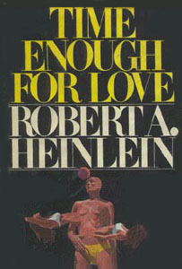 Image shows cover of Robert A. Heinlein 's novel 'Time Enough for Love'. In the centre of a black cover is a clay coloured adrogyne verging on masculine figure wearing a yellow paid of briefs. Morphing out of this body are two more feminine shapes - one on the left, one on the right- with white bikini tops on and brown hair on each head. 