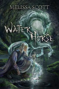 The image shows the cover of Melissa Scott's novel Water Horse. In the fore center of the image is a figure with long silver blond hair looking into a pool of water into which they have a staff dipped. They are wearing long flowing silver purple garments, and an eye patch over their left eye. Our of the water there is a creature swirling upward, it is made of water and in the shape of horse mid rear, fore hooves raised. The background is that of a murky woodland glade.