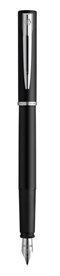 Image of a sleek black fountain pen standing vertically. The pen has a sharp silver nib, a silver band around the midsection, and a silver clip at the top. 