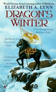 Cover of Dragon's Winter, featuring a horse carrying a standard on a snowy outcrop