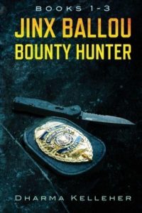 Cover of Jinx Ballou Bounty Hunter Books 1-2, featuring a police badge and a knife on a dark background with the title in yellow lettering