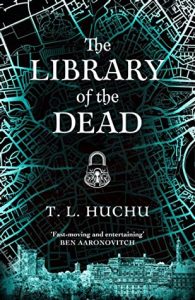 Book cover for the Library of the Dead featuring white type on a black background overlaid with a turquoise map and a silhouette of Edinburgh on the lower end