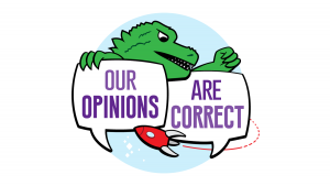 Our Opinions Are Correct Logo- two speech bubbles held by a monster with a rocketship in front