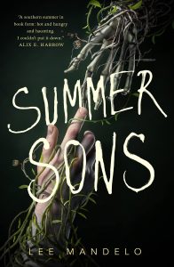 Book cover of Summer Sons featuring a human and a skeletal hand reaching out with white text in the foreground
