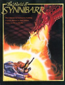 cover of The World of Synnibar featuring an alien on a space vehicle being burned by dragonfire