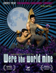 Film poster for Were the World Mine featuring two young men in theatre poses in front of a moon background and the title in white lettering