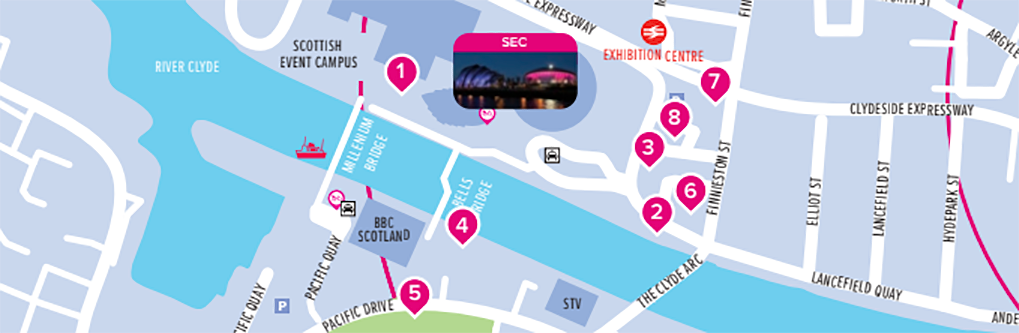A map of accommodation and the location of the venue for Glasgow 2024