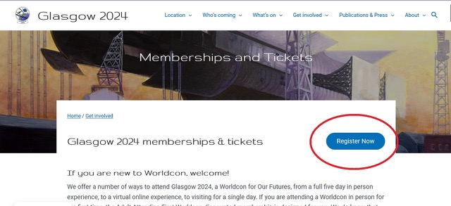 A screenshot of the Glasgow 2024 'Memberships and Tickets' webpage. A blue button which reads 'Register Now' is circled in red.