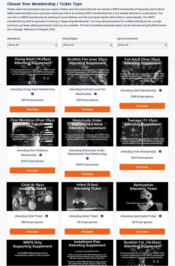 A screenshot of a website features multiple tiers of membership and ticket types with grayscale photos in the background of each membership description text. Each tier has an orange button which reads 'Purchase' beneath it. 