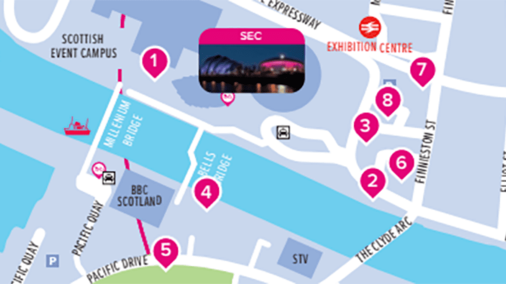 A map of accommodation and the location of the venue for Glasgow 2024