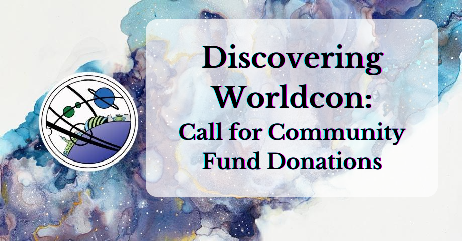 A watercolor painting featuring a blue, purple, gold, and white color scheme, with a Glasgow 2024: A Worldcon for Our Futures logo prominently displayed and a white transparent text box that reads "Discovering Worldcon: Call for Community Fund Donations" in black lettering.