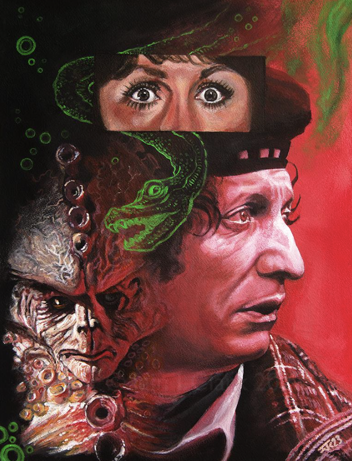 A painted montage from Terror of the Zygons in shades of deep red. On the right is Tom Baker’s Doctor in profile wearing Tartan. On the left is Broton the Zygon. Inset in a rectangle above them are Sarah Jane’s wide, frightened eyes. Sinuously winding between them in neon green graphic style is a scaly Skarasen, the Loch Ness Monster.