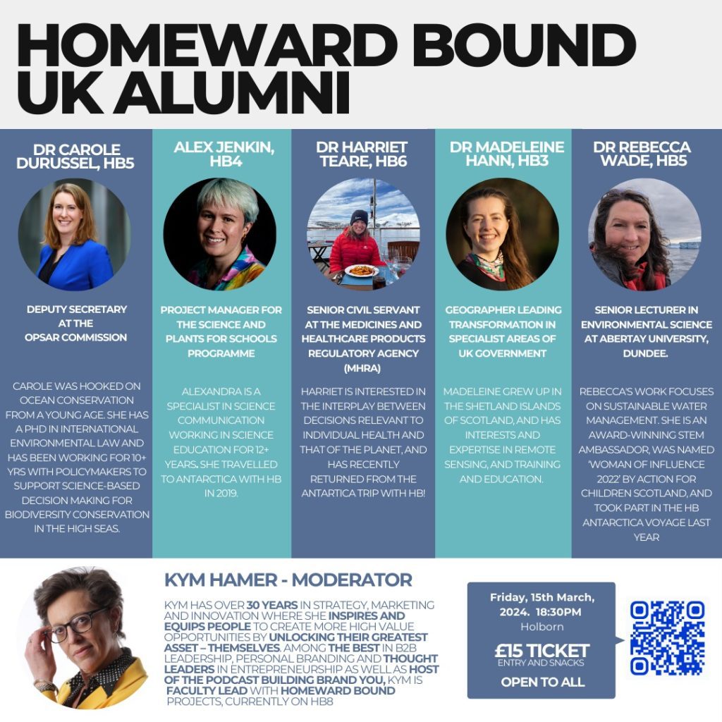 An insert with panellist details, entitled "Homeward Bound UK alumni", reads as follows:
Dr Carole Durussel, HB5 (photo: a white woman with brown shoulder-length hair worn lose, in a
striking bright blue jacket), Deputy Secretary at the OSPAR Commission. Carole was hooked on
ocean conservation from a young age. She has a PhD in international environmental law and has
been working for 10+ years with policy makers to support science-based decision making for
biodiversity conservation in the high seas.
Alex Jenkin, HB4 (photo: a white woman with short blond hair wearing a multi-coloured shirt),
Project manager for the Science and Plants for Schools Programme. Alexandra is a specialist
in science communication working in science education for 12: years. She travelled to
Antarctica with HB in 2019.
Dr Harriet Teare, HB6 (photo: a white woman with shoulder-length brown hair wearing a red
thermal jacket and black woolly hat sits at a table on the deck of a ship, a meal on a plate in front
of her, with water, snow covered ground and blue skies streaked with white clouds visible behind
her), senior civil servant at the Medicines and Healthcare Products Regulatory Agency (MHRA).
Harriet is interested in the interplay between decisions relevant to individual health and that of the
planet, and has recently returned from the Antarctica trip with Homeward Bound.
Dr Madeleine Hann, HB3 (photo: a white woman with long brown hair wearing a multi-coloured
top and dark jumper), geographer leading transformation in specialist areas of UK government.
Madeleine grew up in the Shetland Islands of Scotland and has interests and expertise in remote
sensing, and training and education.
Dr Rebecca Wade, HB5 (photo: a white woman with long brown hair wearing a red thermal jacket,
standing in front of open water with an icy cliff in the background), senior lecturer in environmental
science at Abertay University, Dundee. Rebecca’s work focuses on sustainable water management,
she is an award-winning STEM ambassador, was named “woman of influence 2022” by Action for
Children Scotland, and took part in the HB Antarctica voyage last year.
Kym Hamer – Moderator (photo: a white woman with short dark hair wearing glasses, a dark shirt
and a striking yellow jacket). Kym has over 30 years in strategy, marketing and innovation where
she inspires and equips people to create more high value opportunities by unlocking their greatest

asset – themselves. Among the best in B2B leadership, personal branding and thought leaders in
Entrepreneurship as well as host of the podcast “Building Brand You”, Kym is faculty lead with
Homeward Bound Projects, currently on HB8.
Also visible in the image is a QR code leading to booking details for the event, which was on
Friday 15 March 2024 at 18:30pm in Holborn. Tickets cost £15 and included entry and
snacks. The booking information is marked “open to all”.