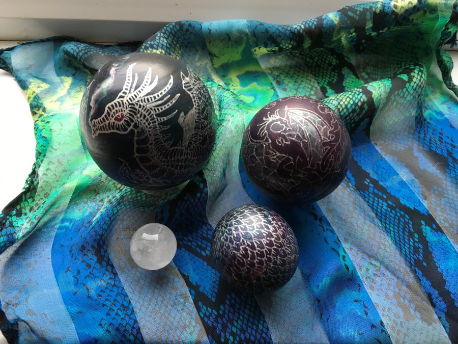 Dragon Spheres: rubberwood, acrylic, silver ink and crystal